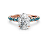 Rose gold Oval Cut Diamond Pave Band Solitaire Ring with Round with Blue Topaz side stone and Prong Setting_12