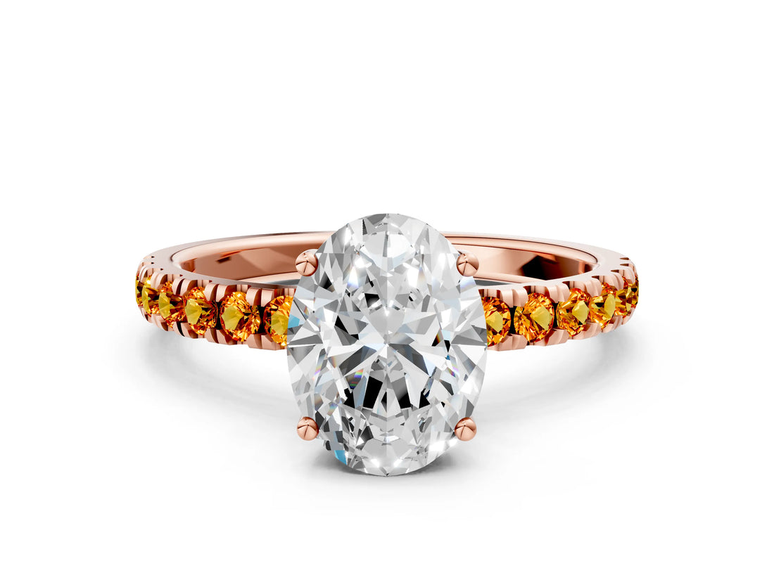 Rose gold Oval Cut Diamond Pave Band Solitaire Ring with Round with Citrine side stone and Prong Setting