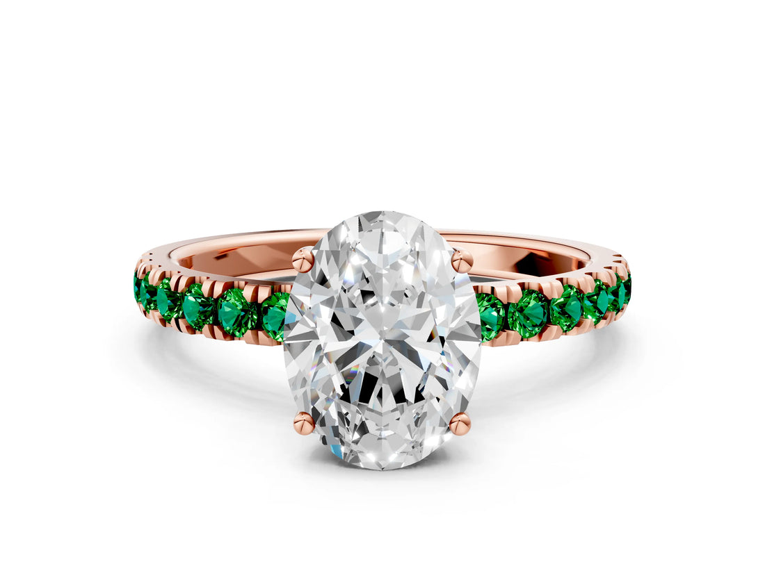 Rose gold Oval Cut Diamond Pave Band Solitaire Ring with Round with Emerald side stone and Prong Setting