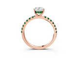 Rose gold Oval Cut Diamond Pave Band Solitaire Ring with Round with Emerald side stone and Prong Setting_3
