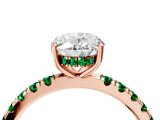 Rose gold Oval Cut Diamond Pave Band Solitaire Ring with Round with Emerald side stone and Prong Setting_4