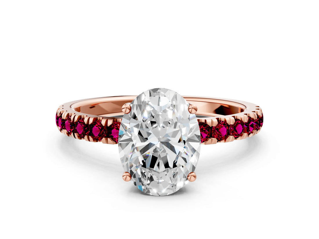 Rose gold Oval Cut Diamond Pave Band Solitaire Ring with Round with Garnet side stone and Prong Setting_12