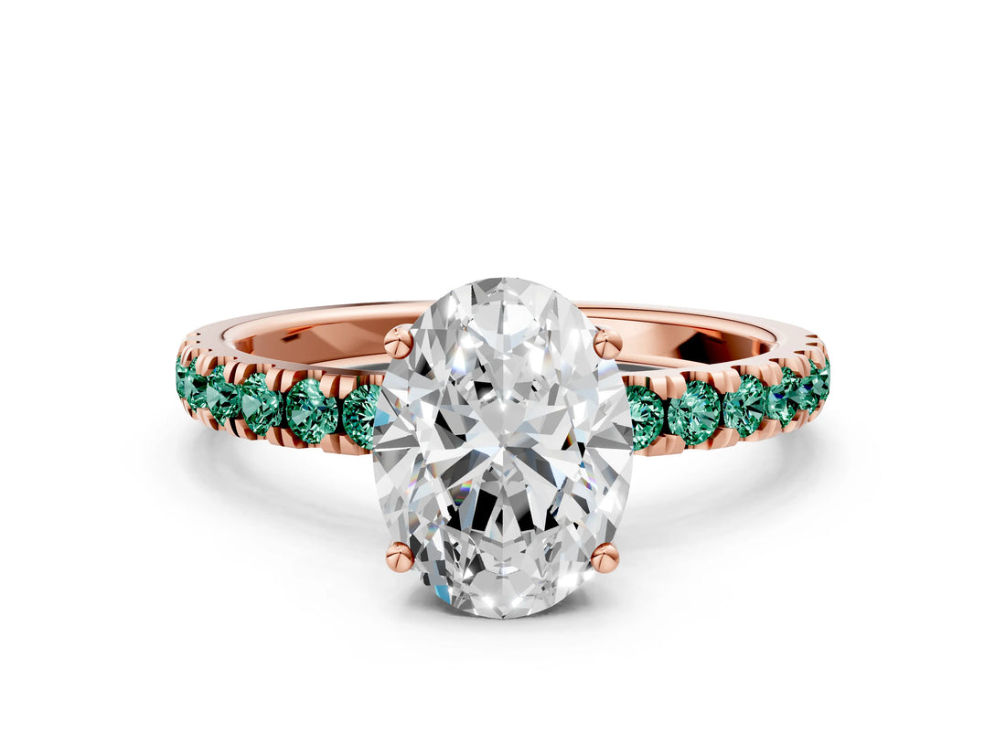 Rose gold Oval Cut Diamond Pave Band Solitaire Ring with Round with Green Sapphire side stone and Prong Setting_24