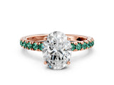 Rose gold Oval Cut Diamond Pave Band Solitaire Ring with Round with Green Sapphire side stone and Prong Setting_24