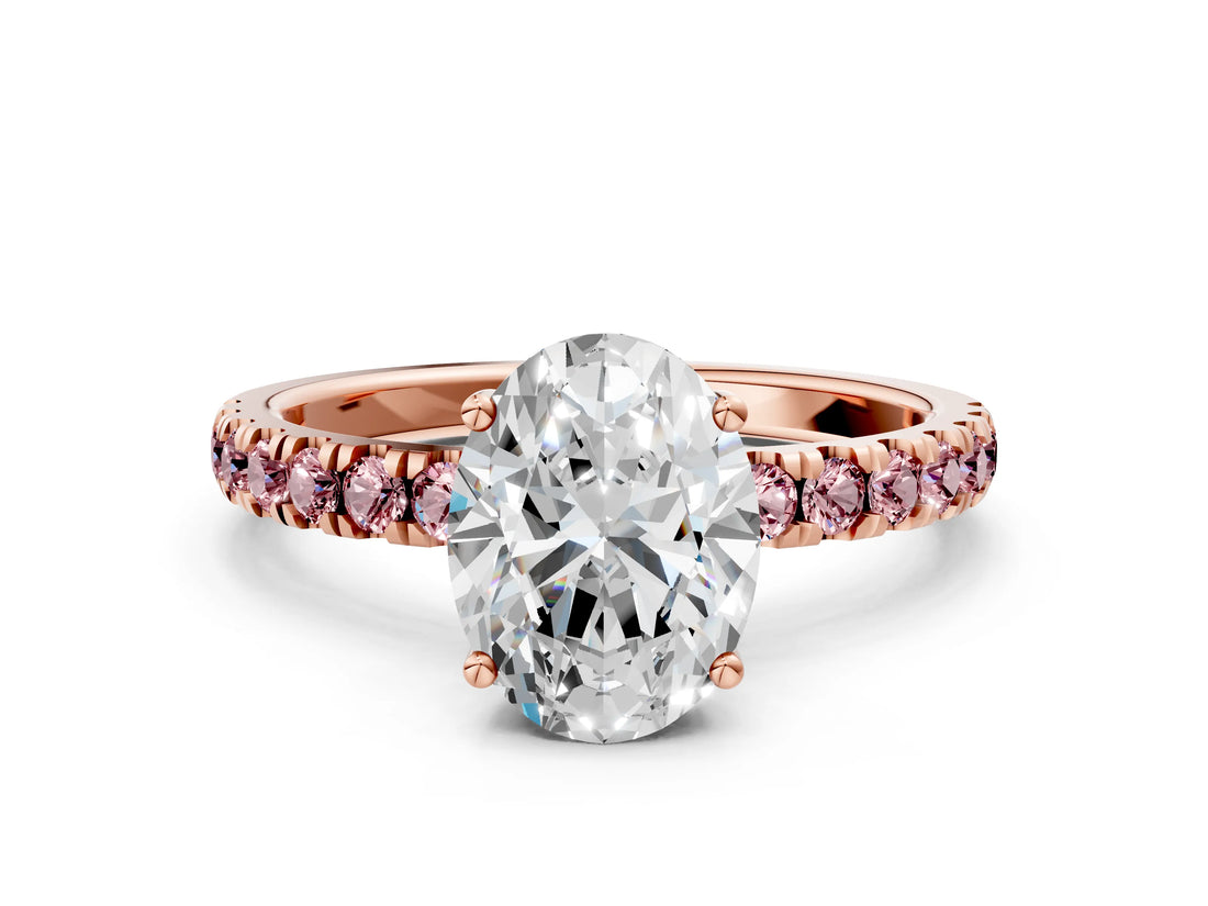 Rose gold Oval Cut Diamond Pave Band Solitaire Ring with Round with Morganite side stone and Prong Setting_12