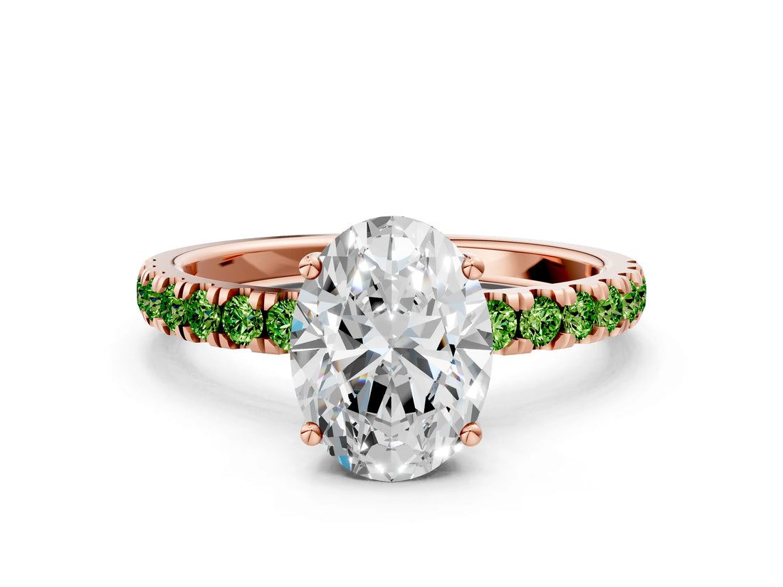 Rose gold Oval Cut Diamond Pave Band Solitaire Ring with Round with Peridot side stone and Prong Setting