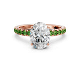 Rose gold Oval Cut Diamond Pave Band Solitaire Ring with Round with Peridot side stone and Prong Setting