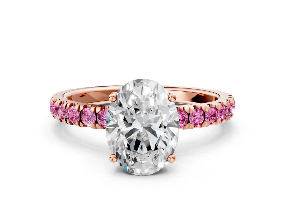 Rose gold Oval Cut Diamond Pave Band Solitaire Ring with Round with Pink Sapphire side stone and Prong Setting_12