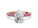 Rose gold Oval Cut Diamond Pave Band Solitaire Ring with Round with Pink Sapphire side stone and Prong Setting_12