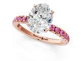 Rose gold Oval Cut Diamond Pave Band Solitaire Ring with Round with Pink Sapphire side stone and Prong Setting_13