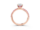Rose gold Oval Cut Diamond Pave Band Solitaire Ring with Round with Pink Sapphire side stone and Prong Setting_15