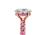 Rose gold Oval Cut Diamond Pave Band Solitaire Ring with Round with Pink Sapphire side stone and Prong Setting_17