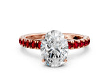 Rose gold Oval Cut Diamond Pave Band Solitaire Ring with Round with Ruby side stone and Prong Setting_12