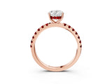 Rose gold Oval Cut Diamond Pave Band Solitaire Ring with Round with Ruby side stone and Prong Setting_15