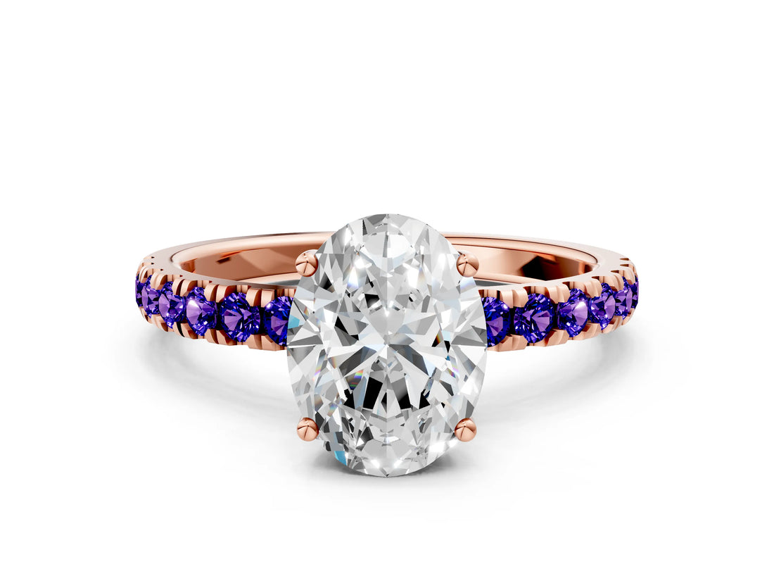 Rose gold Oval Cut Diamond Pave Band Solitaire Ring with Round with Tanzanite side stone and Prong Setting