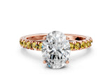 Rose gold Oval Cut Diamond Pave Band Solitaire Ring with Round with Yellow Sapphire side stone and Prong Setting_12