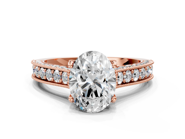 Rose gold Oval Cut Diamond Solitaire Ring with Milgrain Pave Band and Four Prong Setting