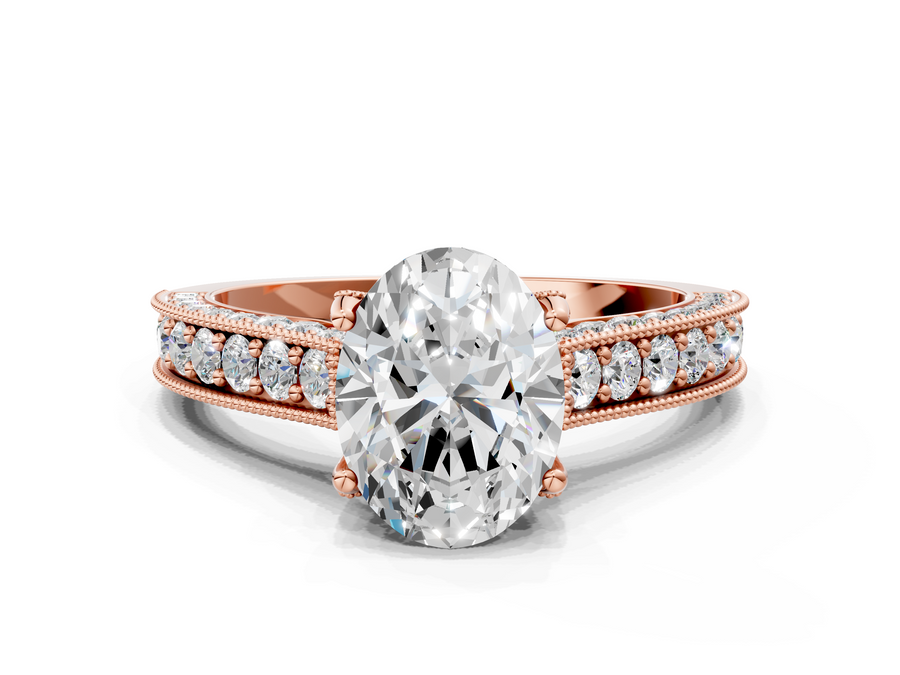 Rose gold Oval Cut Diamond Solitaire Ring with Milgrain Pave Band and Four Prong Setting