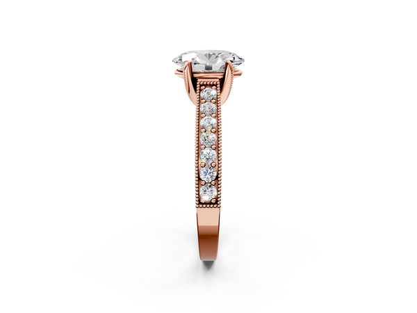 Rose gold Oval Cut Diamond Solitaire Ring with Milgrain Pave Band and Four Prong Setting