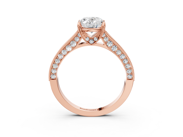 Rose gold Oval Cut Diamond Solitaire Ring with Milgrain Pave Band and Four Prong Setting