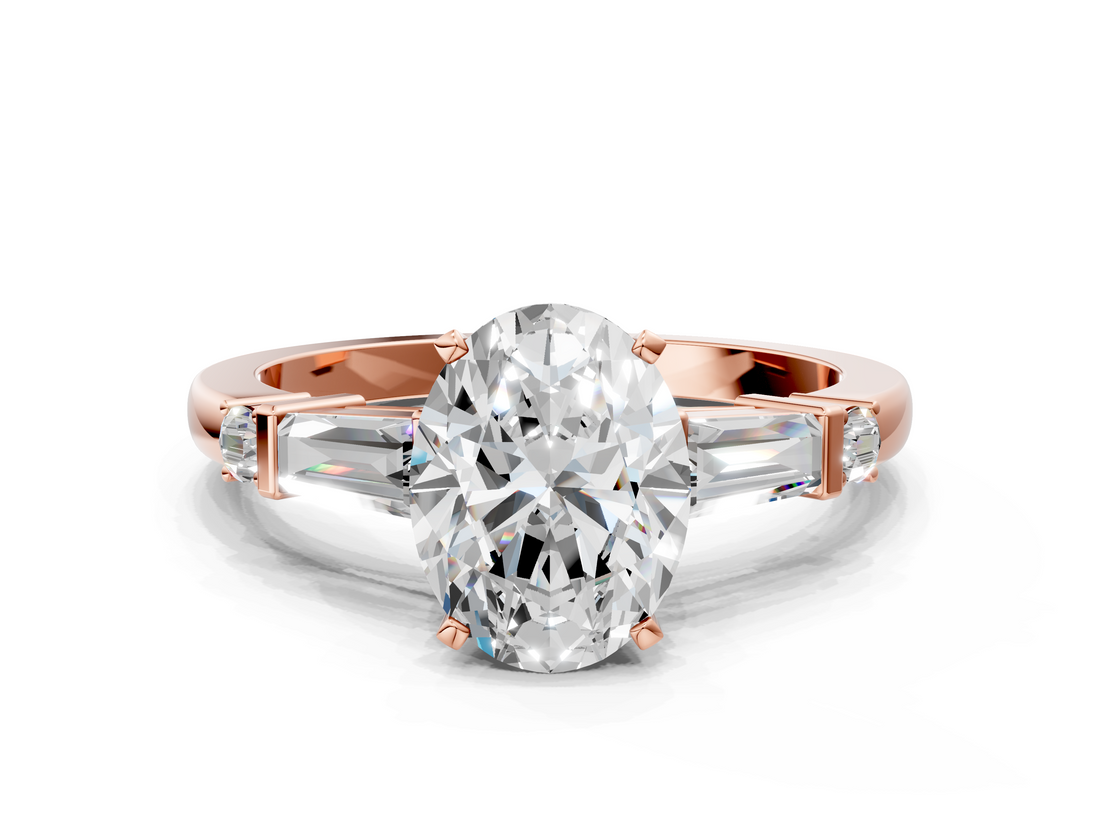 Rose gold Oval Cut Diamond Ring with Baguette Side Stones, Channel Set Band, and Four-Prong Setting_25