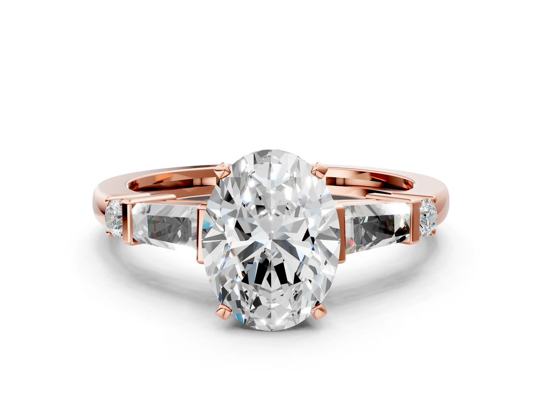Rose gold Oval Cut Diamond Ring with Baguette Side Stones, Channel Set Band, and Four-Prong Setting_25