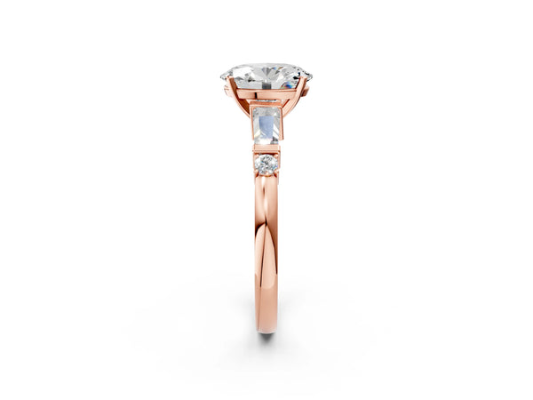 Rose Gold Oval Three Stone Engagement Ring Setting with Bar Set Tapered Baguettes