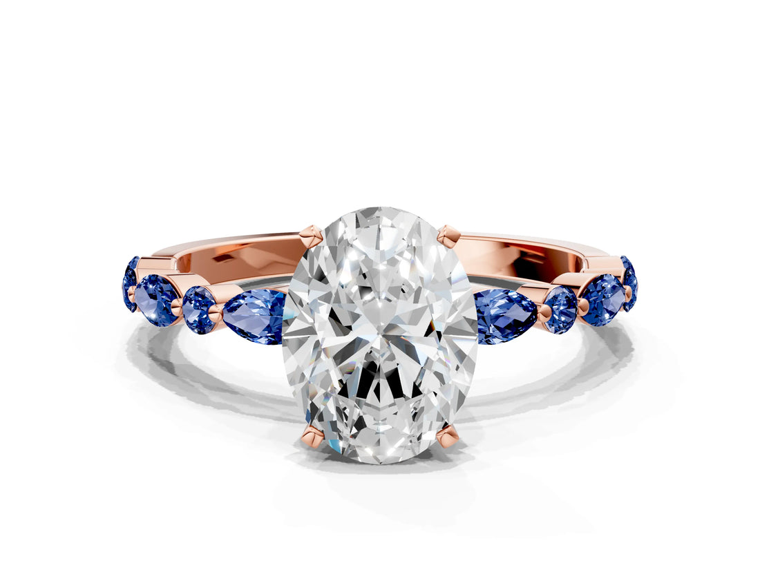 Rose gold Oval Cut Diamond Ring with Marquise and Round with Blue Sapphire side stone Side Stones and Four-Prong Setting_36