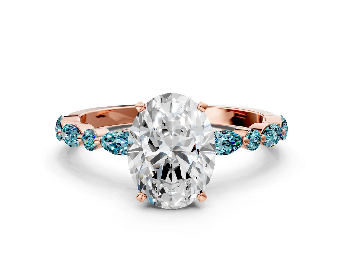 Rose gold Oval Cut Diamond Ring with Marquise and Round with Blue Topaz side stone Side Stones and Four-Prong Setting_24