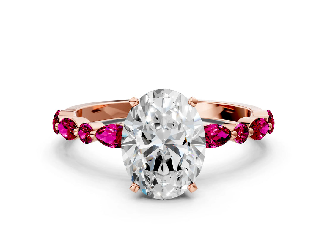 Rose gold Oval Cut Diamond Ring with Marquise and Round with Garnet side stone Side Stones and Four-Prong Setting_24
