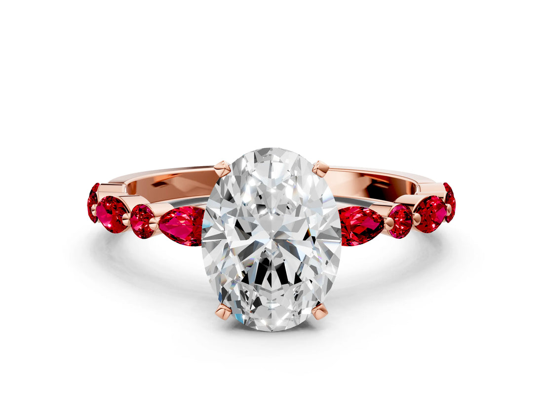 Rose gold Oval Cut Diamond Ring with Marquise and Round with Ruby side stone Side Stones and Four-Prong Setting_24