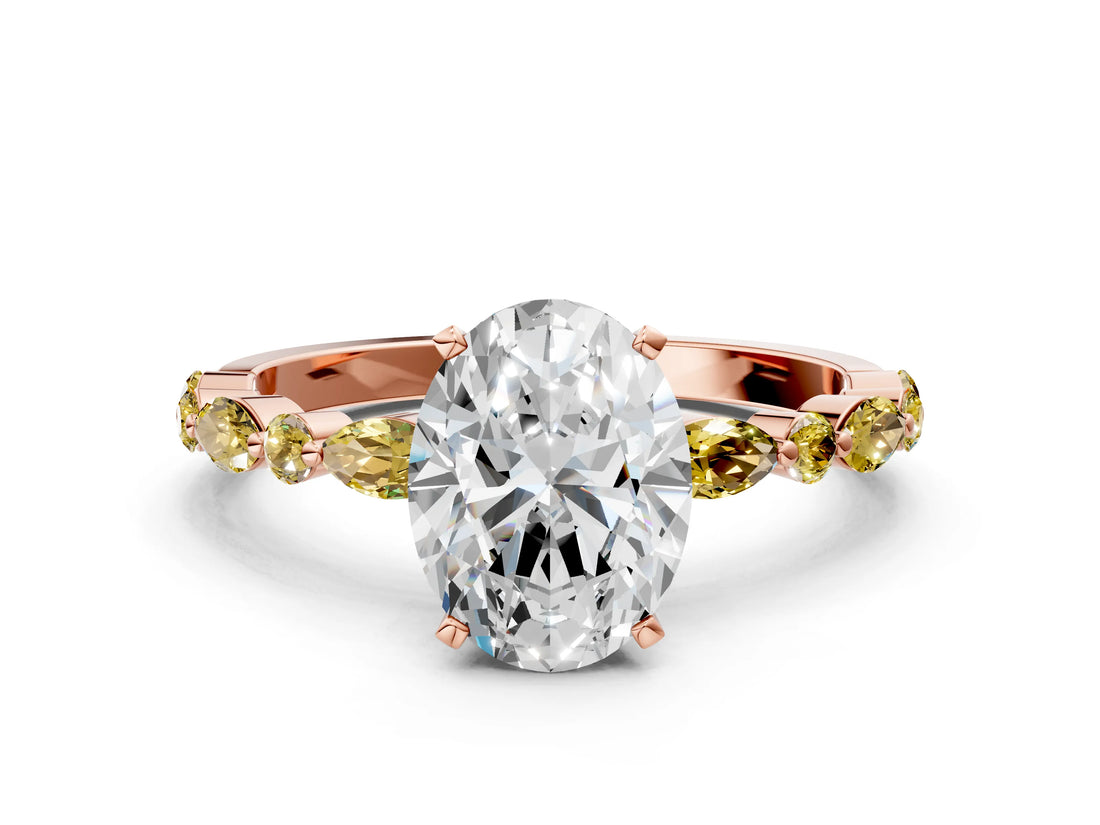 Rose gold Oval Cut Diamond Ring with Marquise and Round with Yellow Sapphire side stone Side Stones and Four-Prong Setting_24