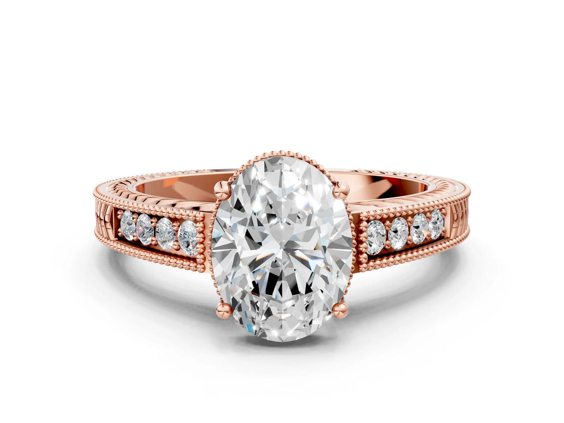Rose gold Oval Cut Diamond Ring with Milgrain Pavé Band and Four-Prong Setting_24