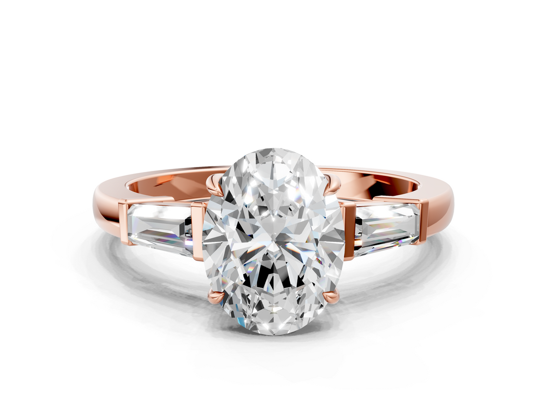 Rose gold Oval Cut Diamond Ring with Tapered Baguette Side Stones in Four-Prong Setting_16