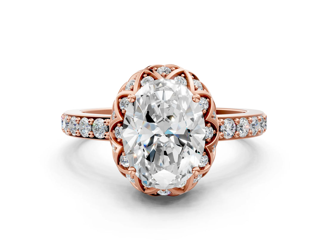 Rose gold Oval Cut Diamond Scalloped Halo Engagement Ring with Round Shared Prong Band_12