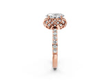 Rose gold Oval Cut Diamond Scalloped Halo Engagement Ring with Round Shared Prong Band_14
