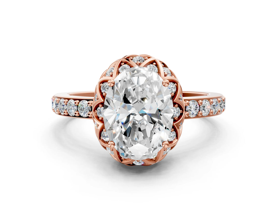 Rose gold Oval Cut Diamond Scalloped Halo Engagement Ring with Round Shared Prong Band_24