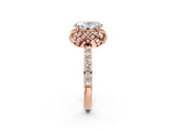 Rose gold Oval Cut Diamond Scalloped Halo Engagement Ring with Round Shared Prong Band_26