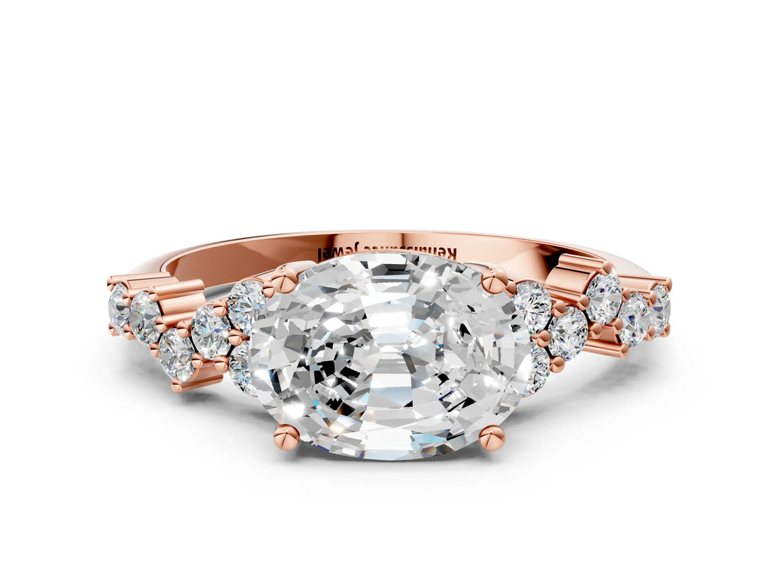 Rose gold Oval Cut Diamond Scattered Round Accent Ring with Prong Setting_12