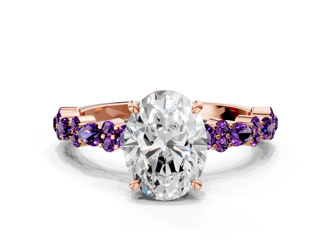 Rose gold Oval Cut Diamond Side Stone Solitaire Ring with Round with Amethyst side stone and Four-Prong Setting