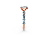 Rose gold Oval Cut Diamond Side Stone Solitaire Ring with Round with Aquamarine side stone and Four-Prong Setting_2