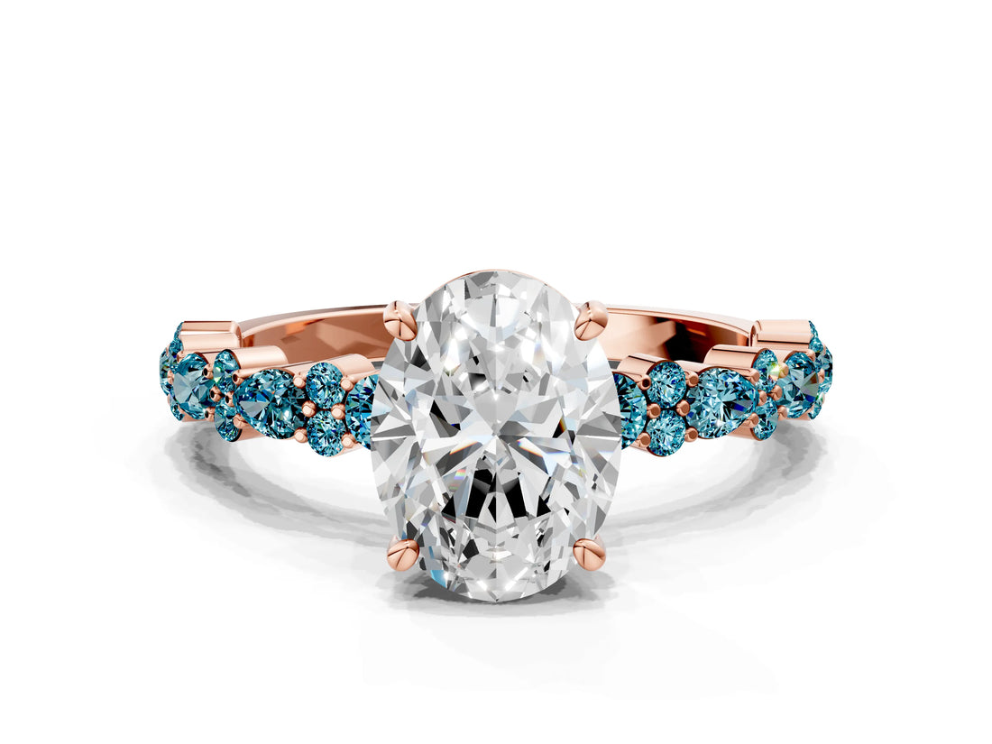 Rose gold Oval Cut Diamond Side Stone Solitaire Ring with Round with Blue Topaz side stone and Four-Prong Setting