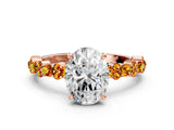 Rose gold Oval Cut Diamond Side Stone Solitaire Ring with Round with Citrine side stone and Four-Prong Setting