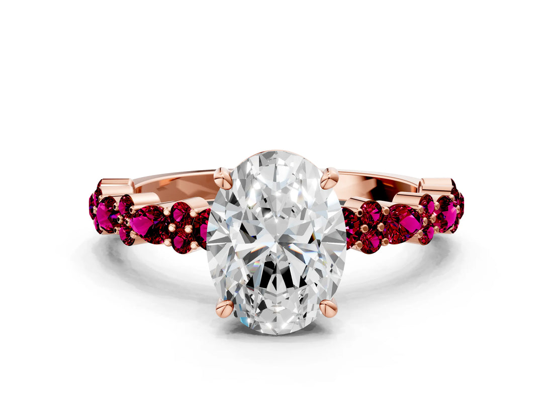 Rose gold Oval Cut Diamond Side Stone Solitaire Ring with Round with Garnet side stone and Four-Prong Setting
