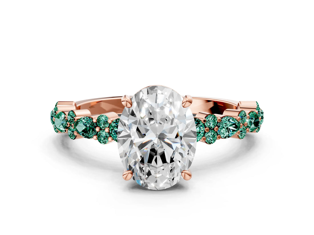 Rose gold Oval Cut Diamond Side Stone Solitaire Ring with Round with Green Sapphire side stone and Four-Prong Setting