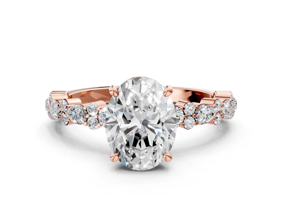 Rose gold Oval Cut Diamond Side Stone Solitaire Ring with Round with Moissanite side stone and Four-Prong Setting