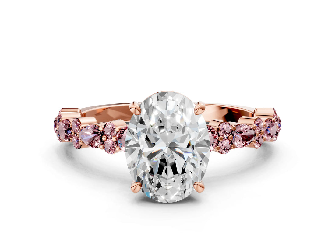 Rose gold Oval Cut Diamond Side Stone Solitaire Ring with Round with Morganite side stone and Four-Prong Setting