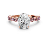 Rose gold Oval Cut Diamond Side Stone Solitaire Ring with Round with Morganite side stone and Four-Prong Setting