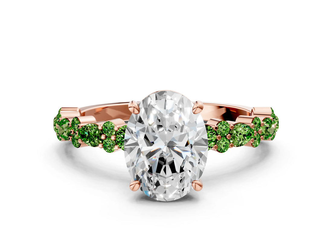Rose gold Oval Cut Diamond Side Stone Solitaire Ring with Round with Peridot side stone and Four-Prong Setting