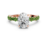 Rose gold Oval Cut Diamond Side Stone Solitaire Ring with Round with Peridot side stone and Four-Prong Setting